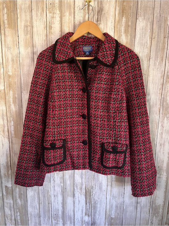 Pendleton Jackets & Blazers - Pendleton 18P Pink Black Tweed Wool Blend Cropped Jacket Blazer Petite